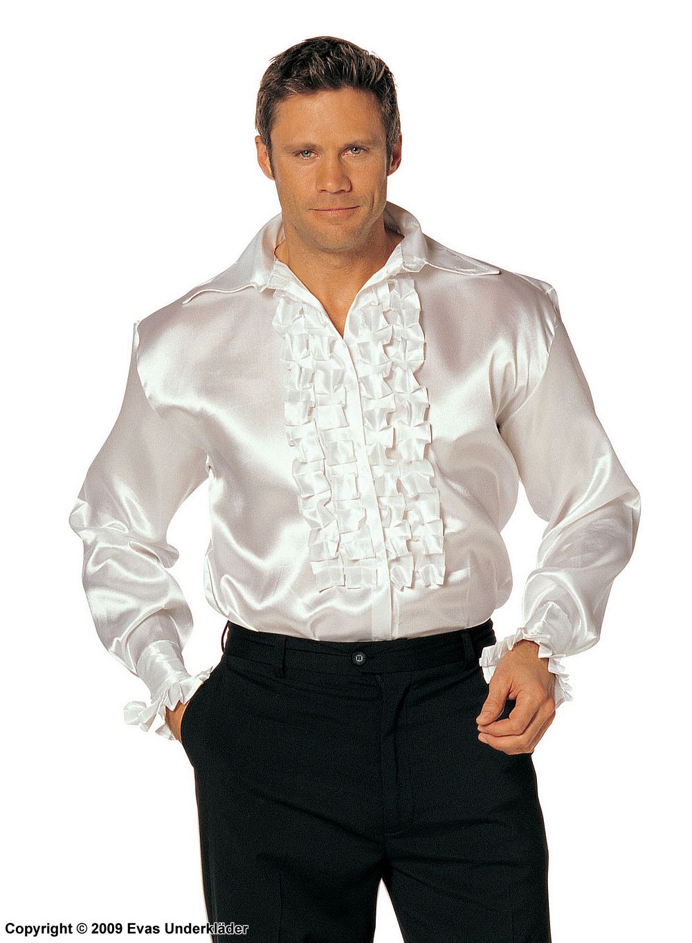 Shirt in satin with long sleeves and ruffles